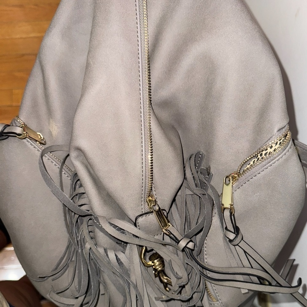 Gray Leather like Backpack with Fringe - Picture 8 of 8